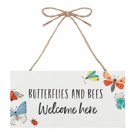 'Bees and Butterflies Welcome Here' Hanging Wooden Garden Sign