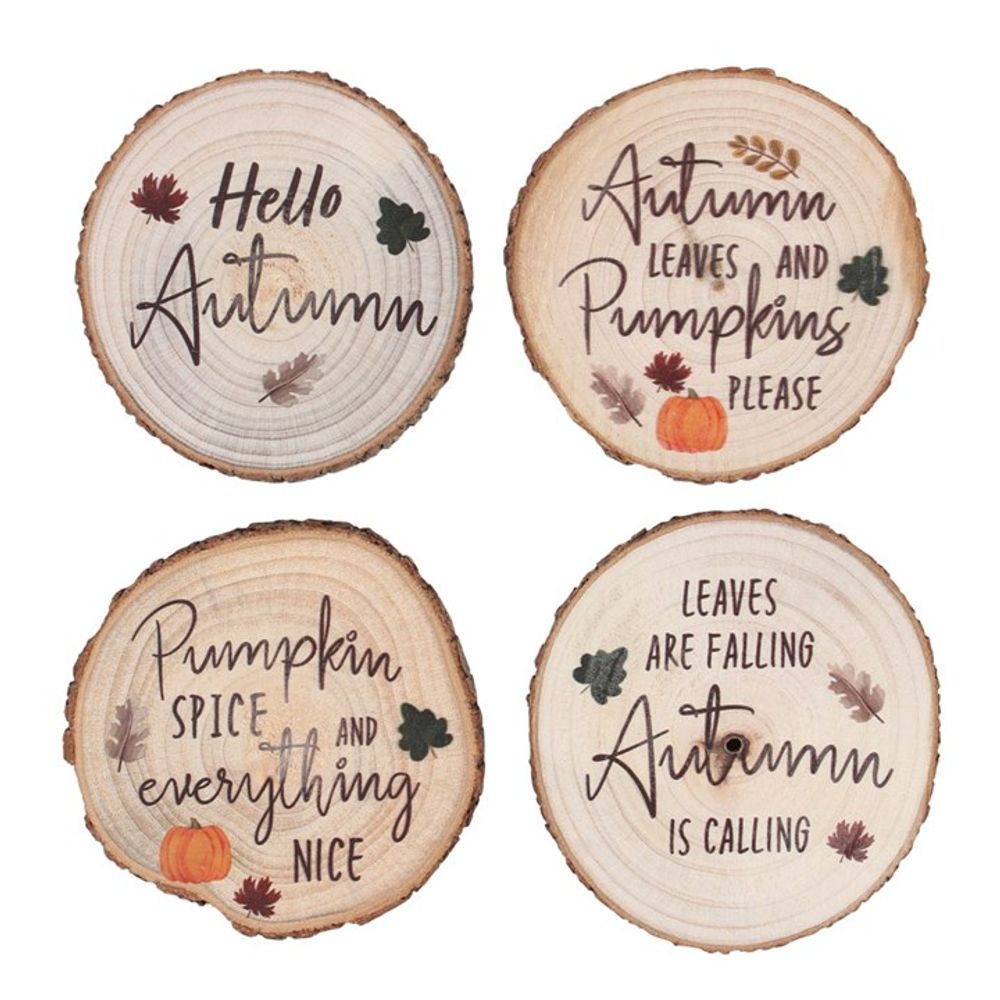 'Hello Autumn' Wood Slice Coaster Set