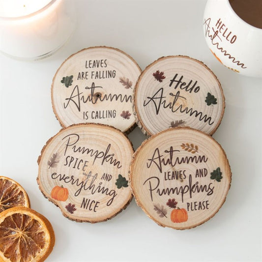 'Hello Autumn' Wood Slice Coaster Set
