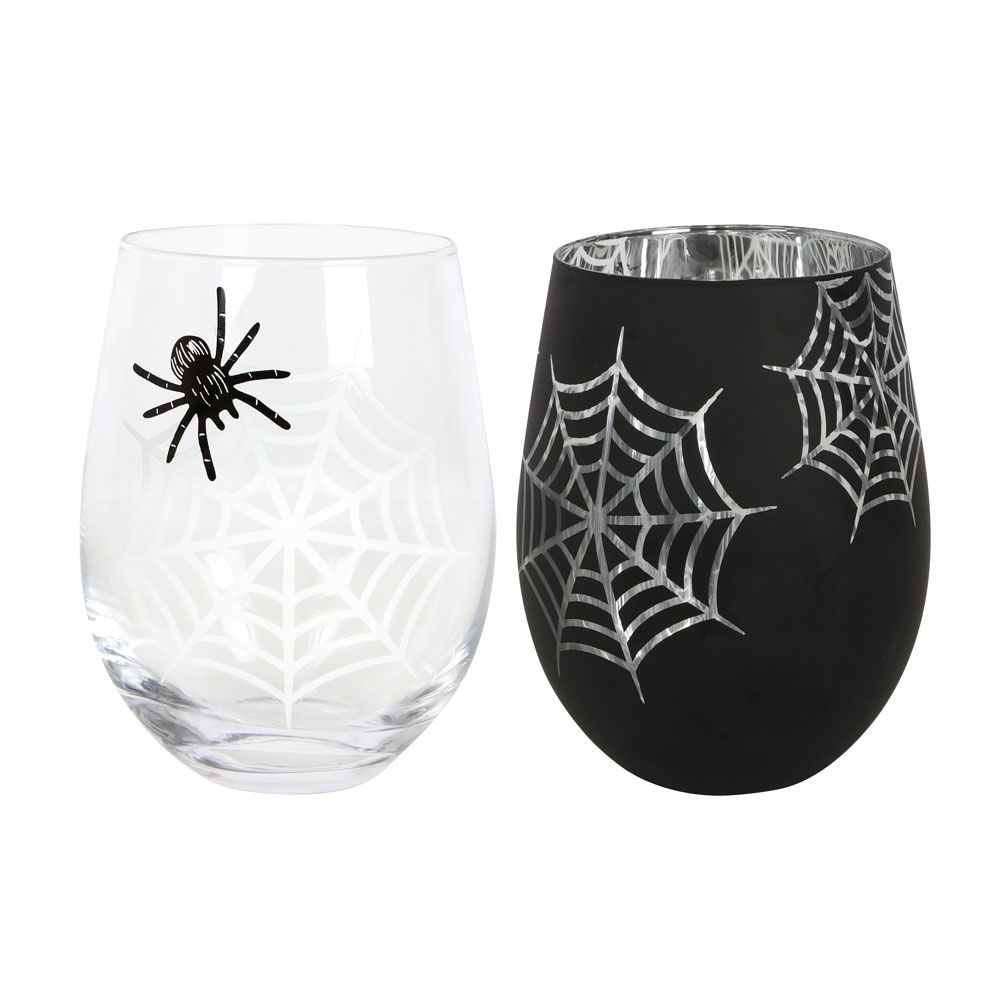Set of 2 Spider and Web Stemless Wine Glasses (Great for Halloween)