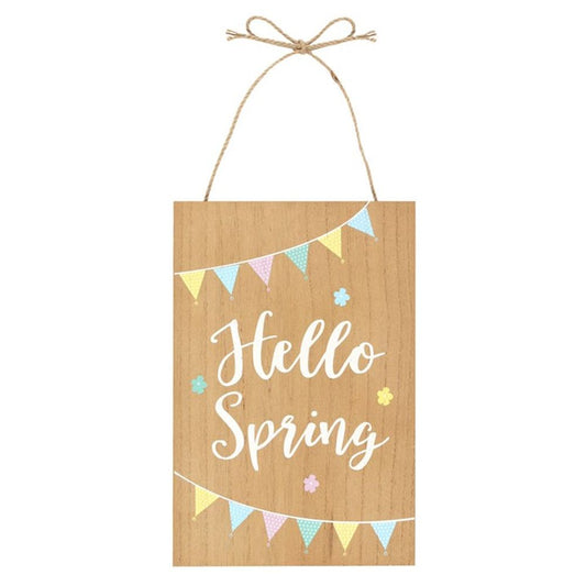 'Hello Spring' Hanging Wooden Sign