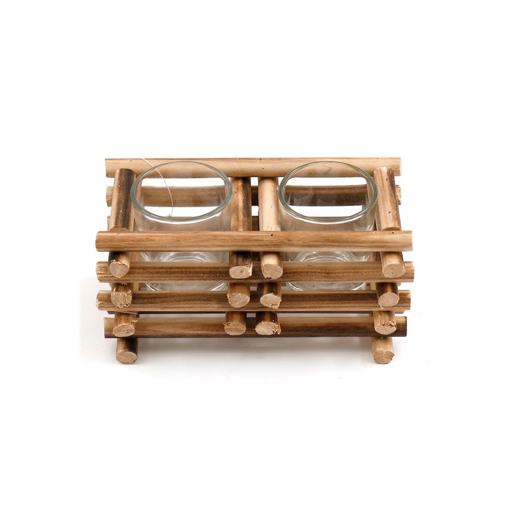 17cm Stacked Wood Double Tealight Holder