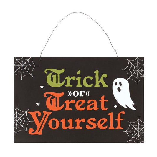 Wooden 'Trick or Treat Yourself' Halloween Hanging Sign